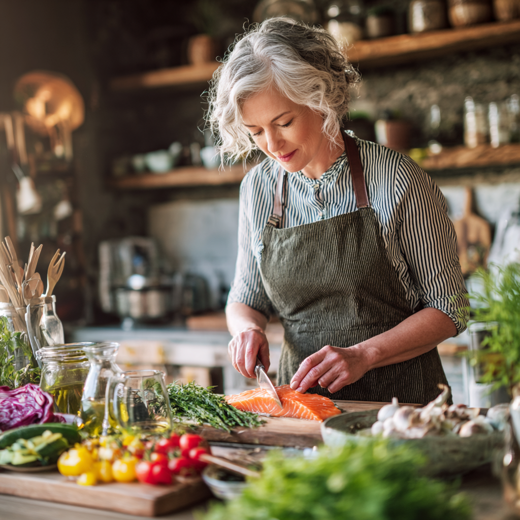 middle-aged woman preparing healthy meal with fresh ingredients